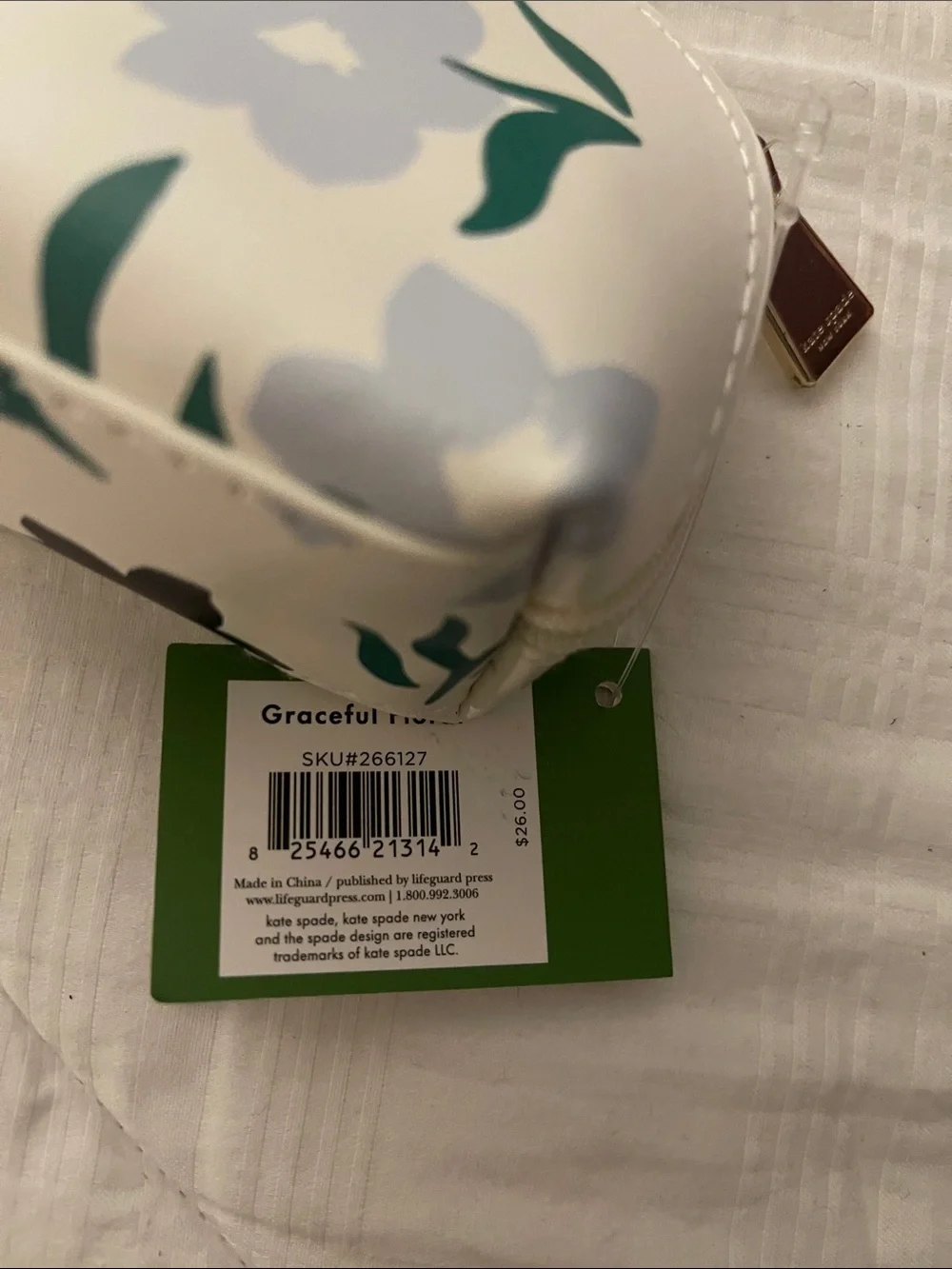 kate spade White Floral Zip Cosmetic Pouch with Green Leaves
